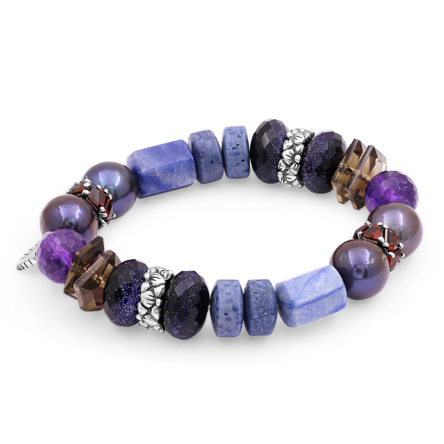 Terraquatic Amethyst, Peacock Pearl, Brown Topaz Shard, Smooth Blue Coral, Smooth Blue, Blue, Rhodolite Stretch Bracelet in Sterling Silver