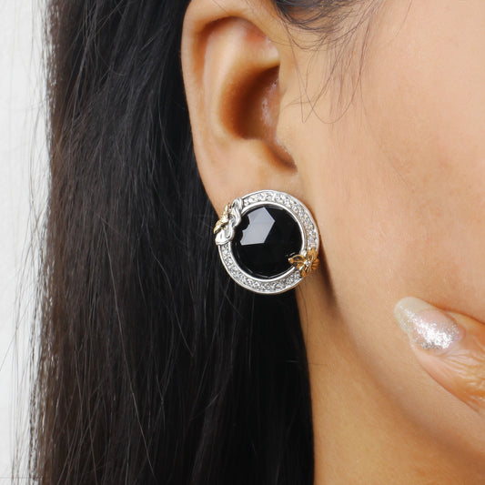 Garden of Stephen Faceted Black Onyx Earring in Sterling Silver with 18K Gold Flowers and Diamond
