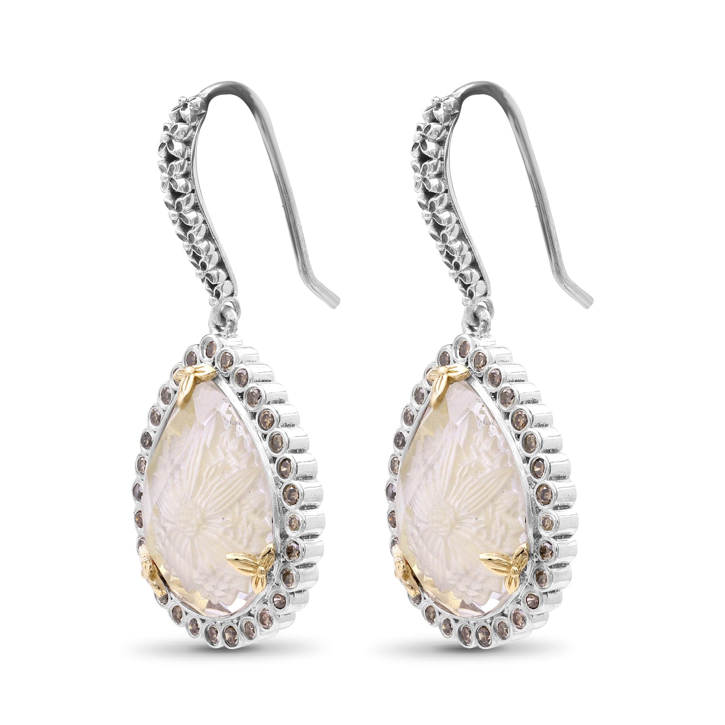 Carventurous Internally Carved Natural Quartz Gold Lining with Champagne Diamond Earring in Sterling Silver