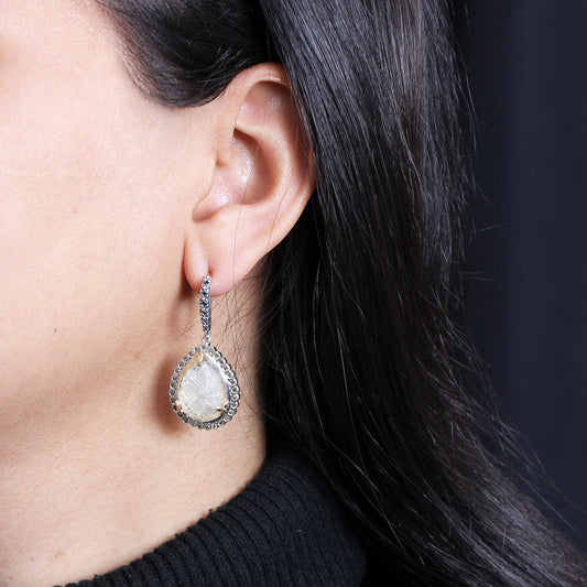 Carventurous Internally Carved Natural Quartz Gold Lining with Champagne Diamond Earring in Sterling Silver