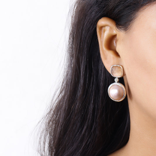 Carventurous Hand Carved Natural Quartz Mother of Pearl Sunstone Mabe Pearl and Champagne Diamond Earring in Sterling Silver