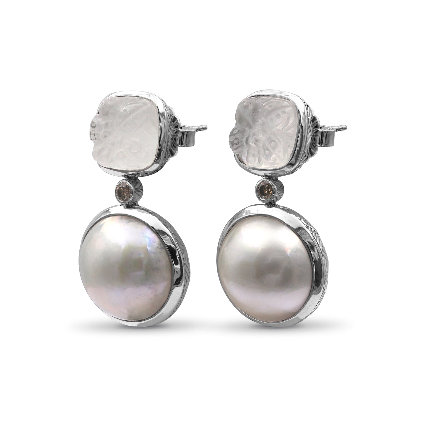 Carventurous Hand Carved Natural Quartz Mother of Pearl Agate Mabe Pearl and Champagne Diamond Earring in Sterling Silver