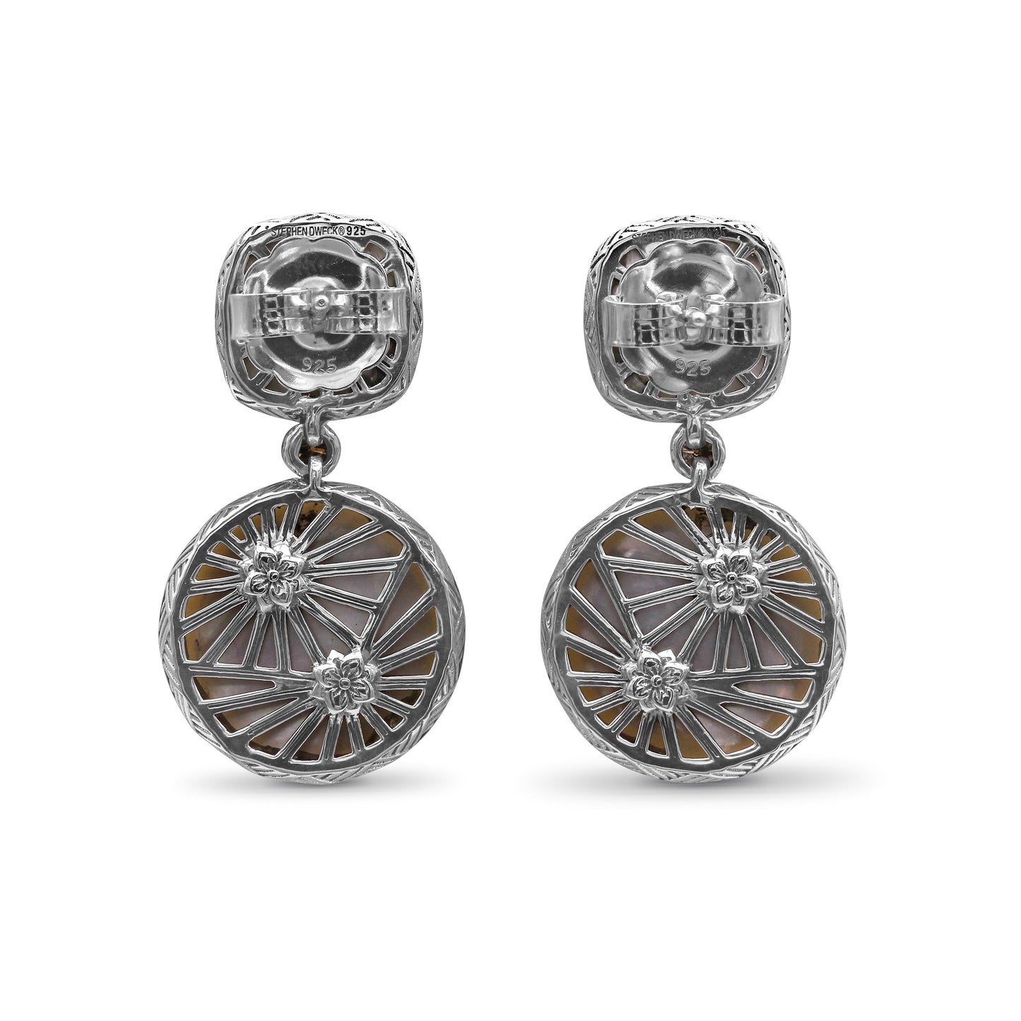Carventurous Hand Carved Natural Quartz Mother of Pearl Agate Mabe Pearl and Champagne Diamond Earring in Sterling Silver