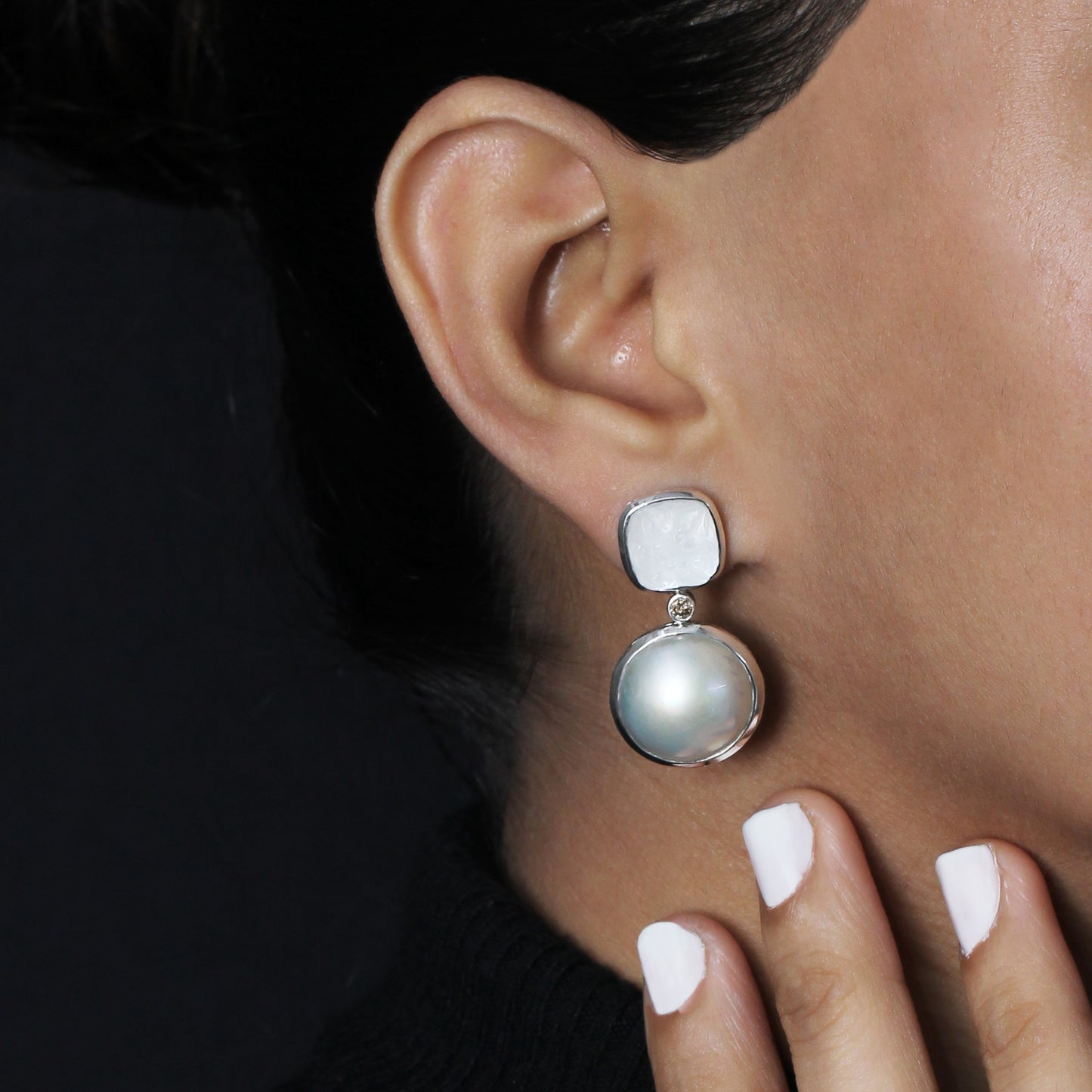 Carventurous Hand Carved Natural Quartz Mother of Pearl Agate Mabe Pearl and Champagne Diamond Earring in Sterling Silver