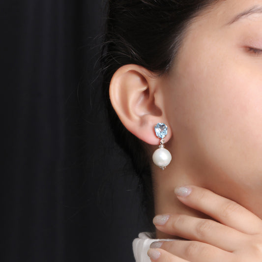 Galactical White Baroque Pearl, Blue Topaz andChampagne Diamond Earring in Sterling Silver