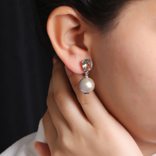 Galactical Silver Baroque Pearl Green Amethyst and Champagne Diamond Earring in Sterling Silver
