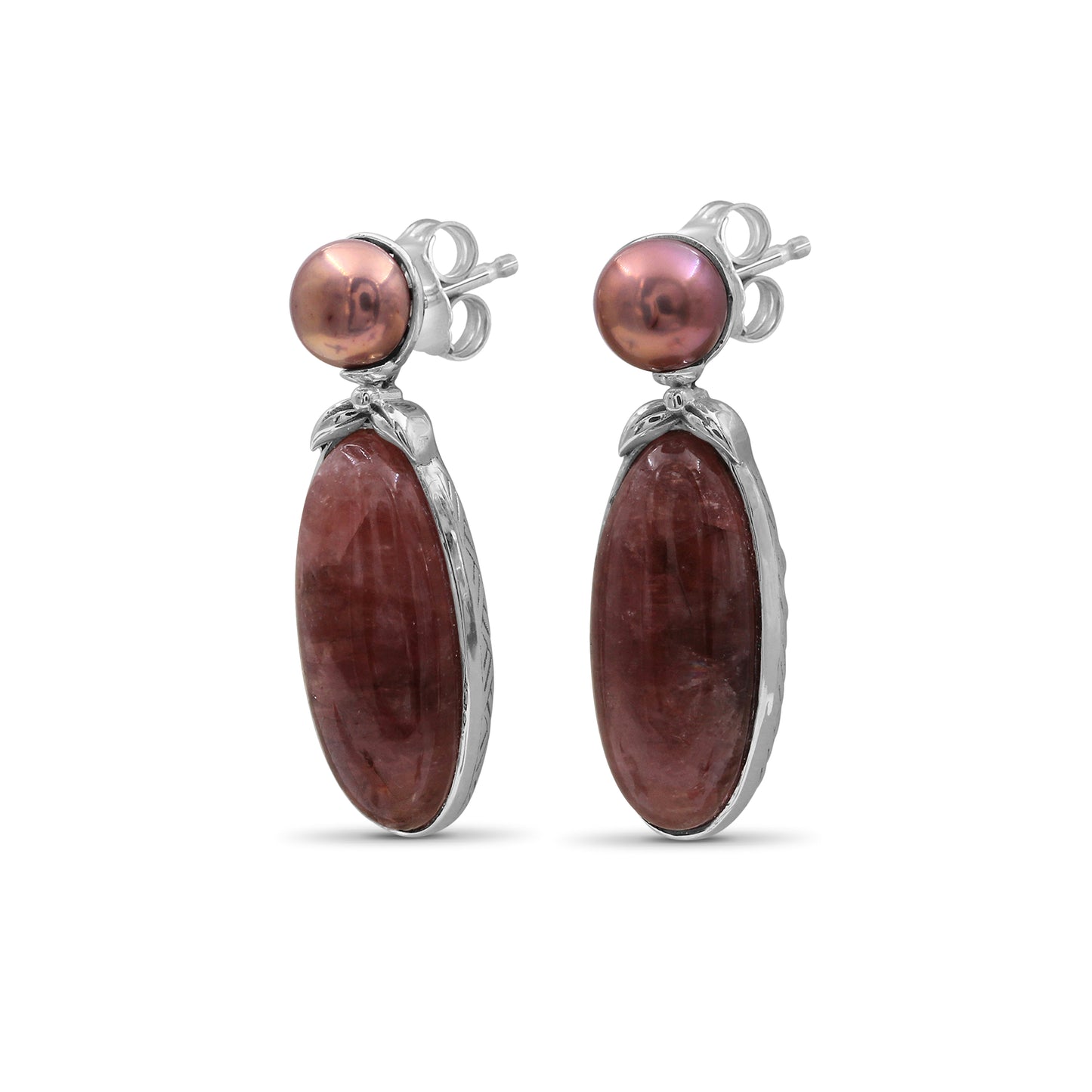 Terraquatic Pearl and Rhodochrosite Earring in Sterling Silver