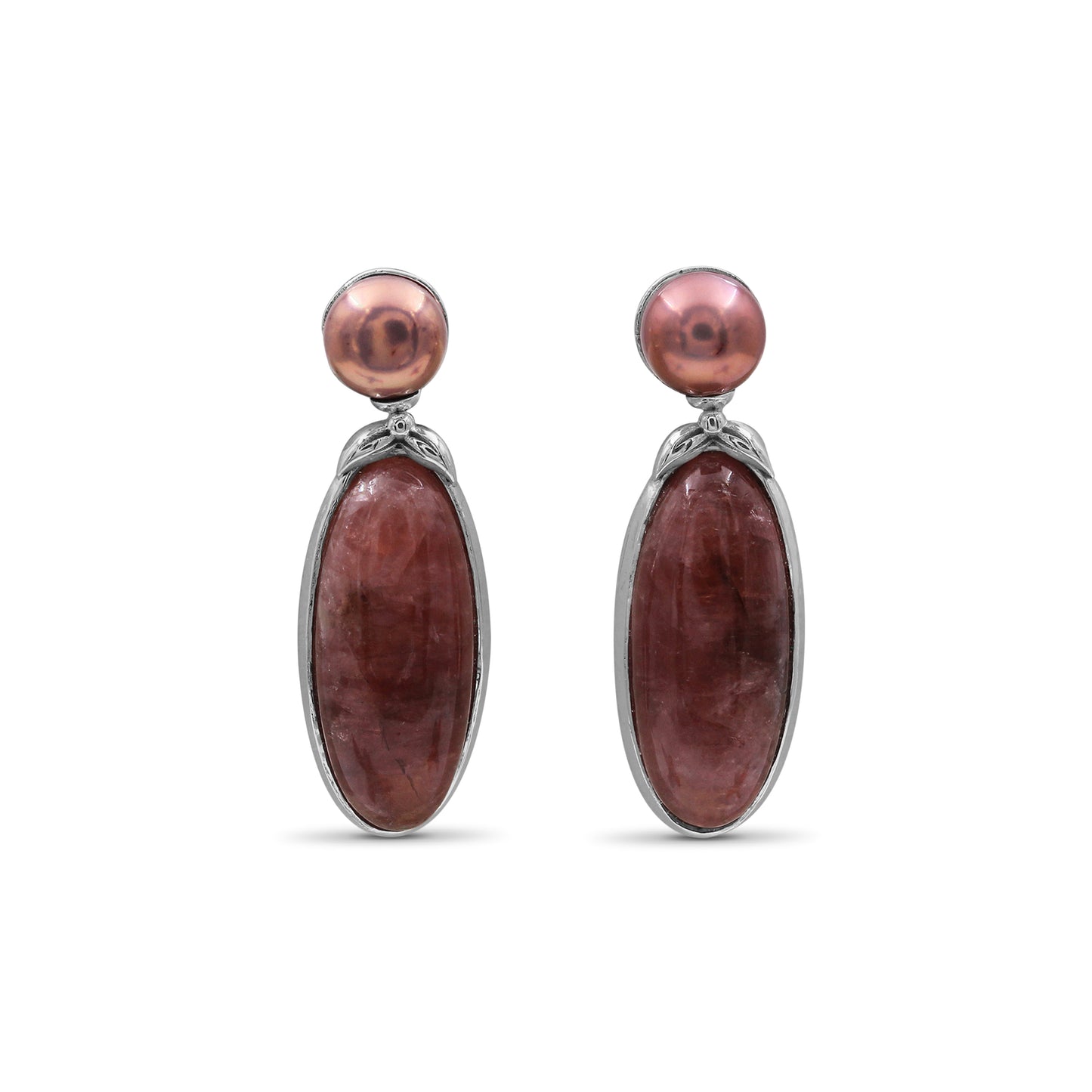 Terraquatic Pearl and Rhodochrosite Earring in Sterling Silver