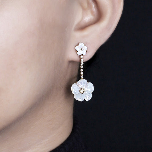 Colorbloom 8mm, 14mm White Mother of Pearl Flower and White Diamond 0.20ct Earring in 18K Gold