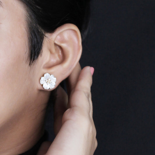 Colorbloom 14mm White Mother of Pearl Flower and White Diamond 0.15ct Earring in 18K Gold