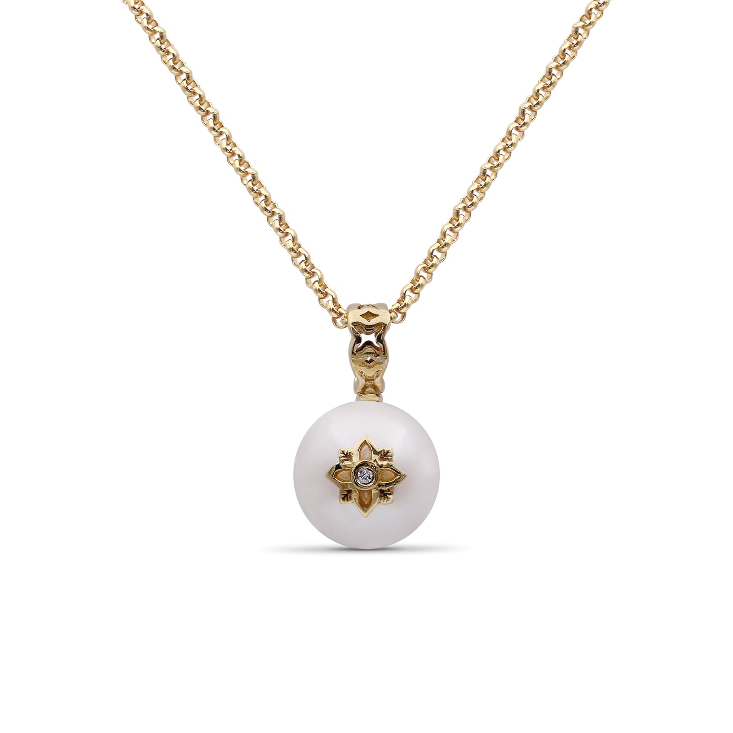 Pearlicious 10mm White Pearl and White Diamond Pendant in 18K Gold