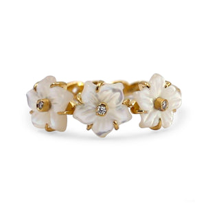 Colorbloom 8mm White Mother of Pearl Flower and White Diamond Ring in 18K Gold
