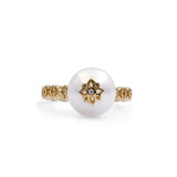 Pearlicious 10mm White Pearl and White Diamond Ring in 18K Gold