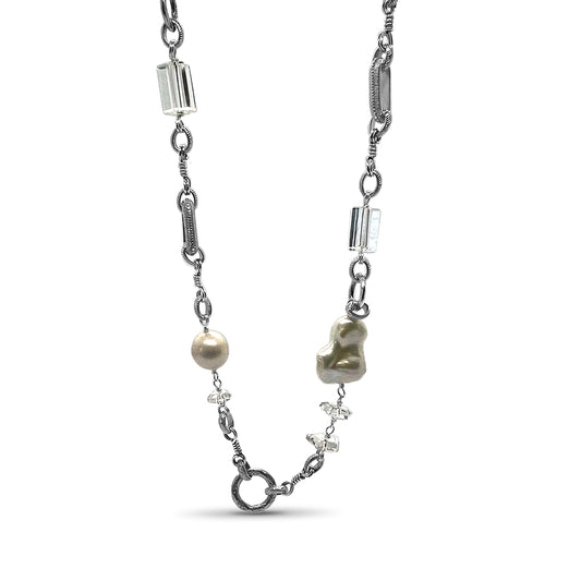 Terraquatic Natural Quartz and Baroque Pearl Necklace in Sterling Silver