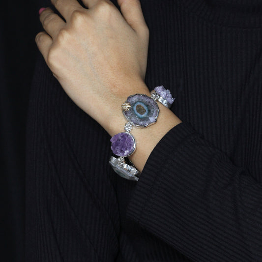 One of a Kind Amethyst Crust Drusy Natural Quartz facet Top over Stalactite Slice Doublet and Diamond 0.13ct Bracelet in Sterling Silver with 18K Gold Diamond Pave Adam