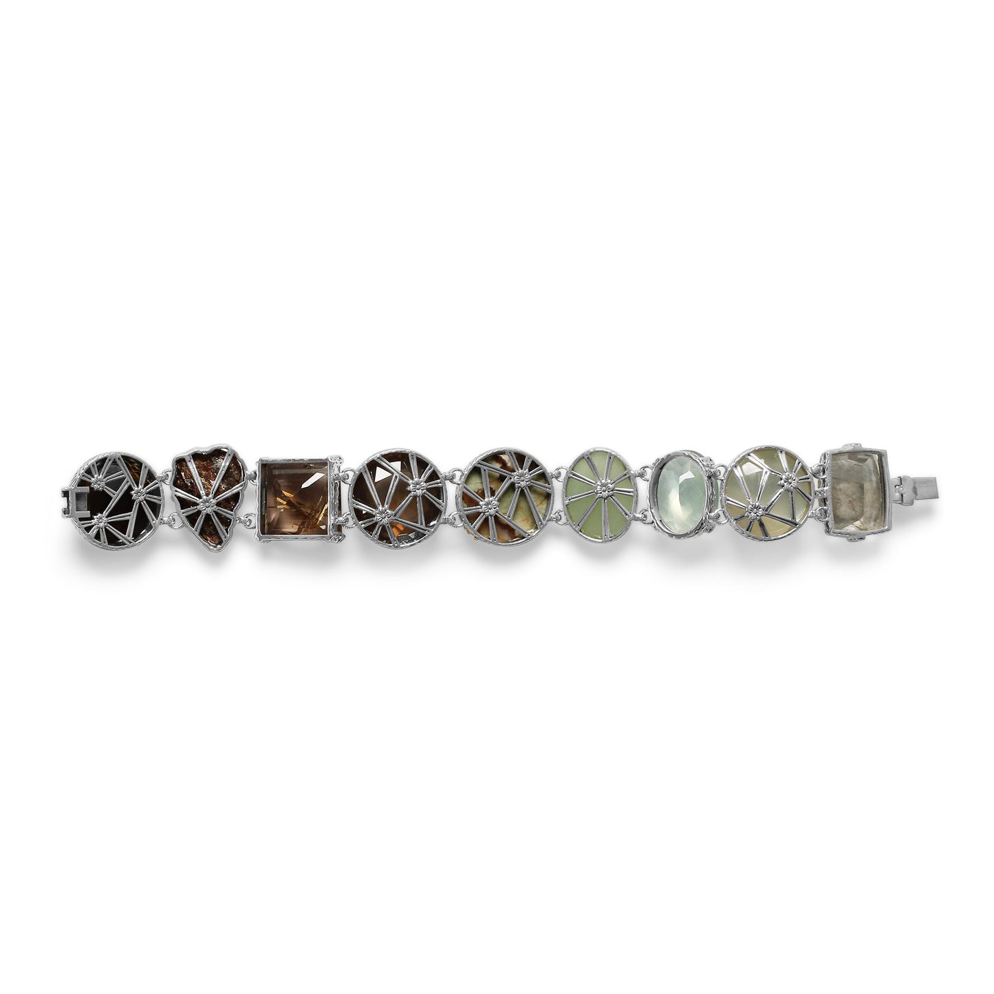 One of a Kind Facet Gold Hair Rutilated Green Moonstone Facet Brown Milky Quartz Facet Green MoonstoneFacet top Jade Facet Green Hair Rutilated Quartz Cooper Schist and Diamond 0.08ct Bracelet in Sterling Silver with 18K Gold Diamond Pave Adam