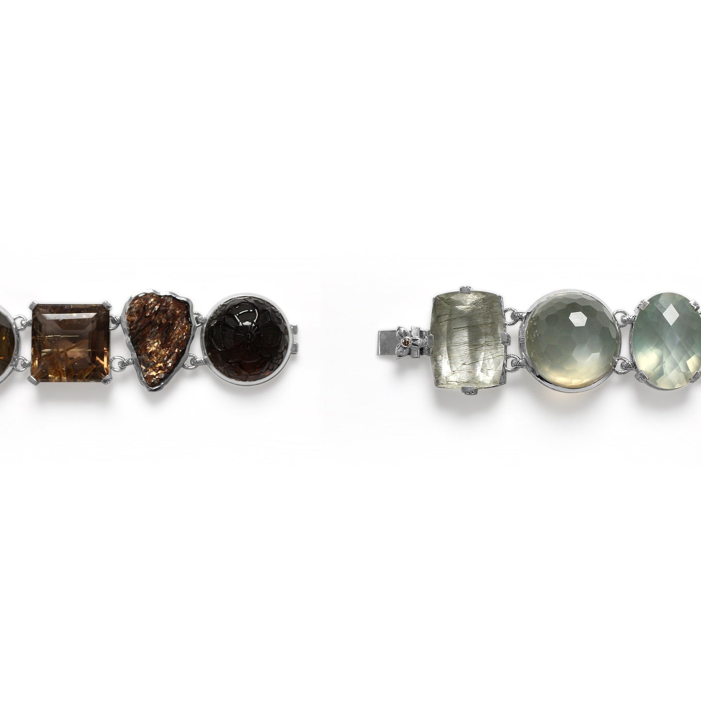 One of a Kind Facet Gold Hair Rutilated Green Moonstone Facet Brown Milky Quartz Facet Green MoonstoneFacet top Jade Facet Green Hair Rutilated Quartz Cooper Schist and Diamond 0.08ct Bracelet in Sterling Silver with 18K Gold Diamond Pave Adam