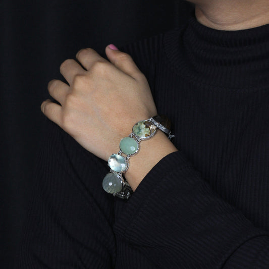 One of a Kind Facet Gold Hair Rutilated Green Moonstone Facet Brown Milky Quartz Facet Green MoonstoneFacet top Jade Facet Green Hair Rutilated Quartz Cooper Schist and Diamond 0.08ct Bracelet in Sterling Silver with 18K Gold Diamond Pave Adam