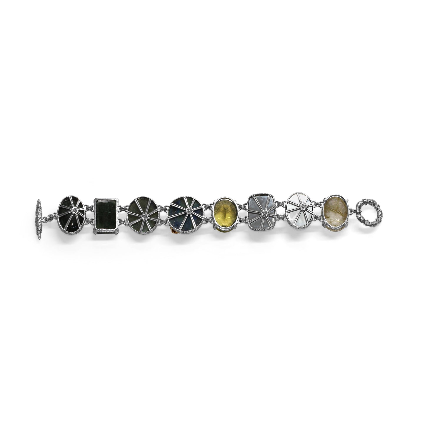 One of a Kind Smooth Labradorite Facet Green Hair Rutilated Quartz Facet Gold hair Rutilated Quartz Facet OliveHand Carved Labradorite Smooth Green Tourmaline and Diamond 0.05ct Bracelet in Sterling Silver with 18K Gold Diamond Pave Adam