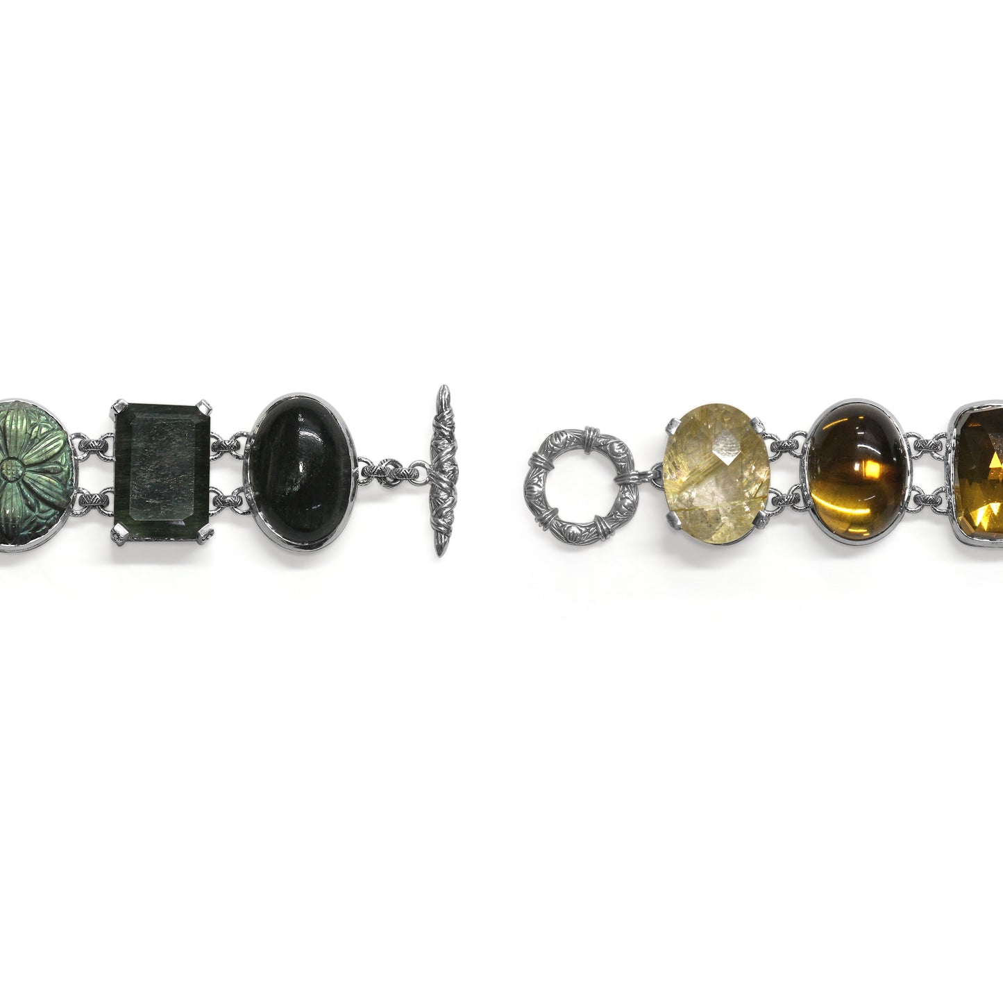 One of a Kind Smooth Labradorite Facet Green Hair Rutilated Quartz Facet Gold hair Rutilated Quartz Facet OliveHand Carved Labradorite Smooth Green Tourmaline and Diamond 0.05ct Bracelet in Sterling Silver with 18K Gold Diamond Pave Adam
