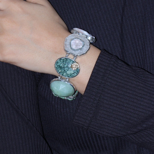 One of a Kind Facet Top Rose Quartz Smooth Howlite Facet Top Flat Back Green Jade Natural Quartz Over Stalactite Natural Pearl Hand Carved Green Turquoise Facet Rose Quartz and Diamond 0.13ct Bracelet in Sterling Silver with 18K Gold Diamond Pave Adam