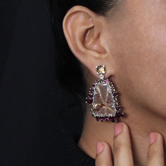 One of a Kind Whisky Quartz Rhodolite Garnet Rutilated Quartz and Champagne Diamond 0.20ct Earring in Sterling Silver with 18K Gold Adam