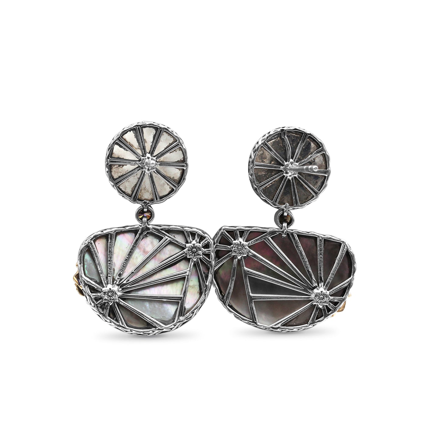 One of a Kind Grey Tihitian Shell Mabe Pearl Facet Top Blue Hair Rutilated Quartz and Diamond 0.15ct Earring in Sterling Silver with 18K Gold Diamond Pave Adam