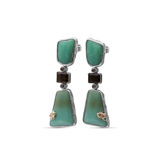 One of a Kind Chrysoprase Cognac Quartz and Diamond 0.21ct Earring in Sterling Silver with 18K Gold Adam