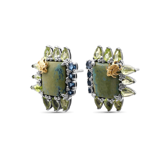 One of a Kind Smooth Green Turquoise Peridot and Facet London Blue Topaz Earring in Sterling Silver with 18K Gold Adam