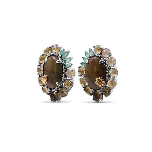 One of a Kind Cognac Quartz Emerald Smooth Olive Turquoise Earring in Sterling Silver with 18K Gold Adam