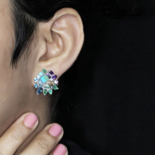 One of a Kind Swiss Blue Topaz Amethyst Facet Flat Back Blue Turquoise London Blue Topaz Natural Pearl Pastel Color Mosaic Facet Emerald and Diamond 0.04ct Earring in Sterling Silver with 18K Gold Adam