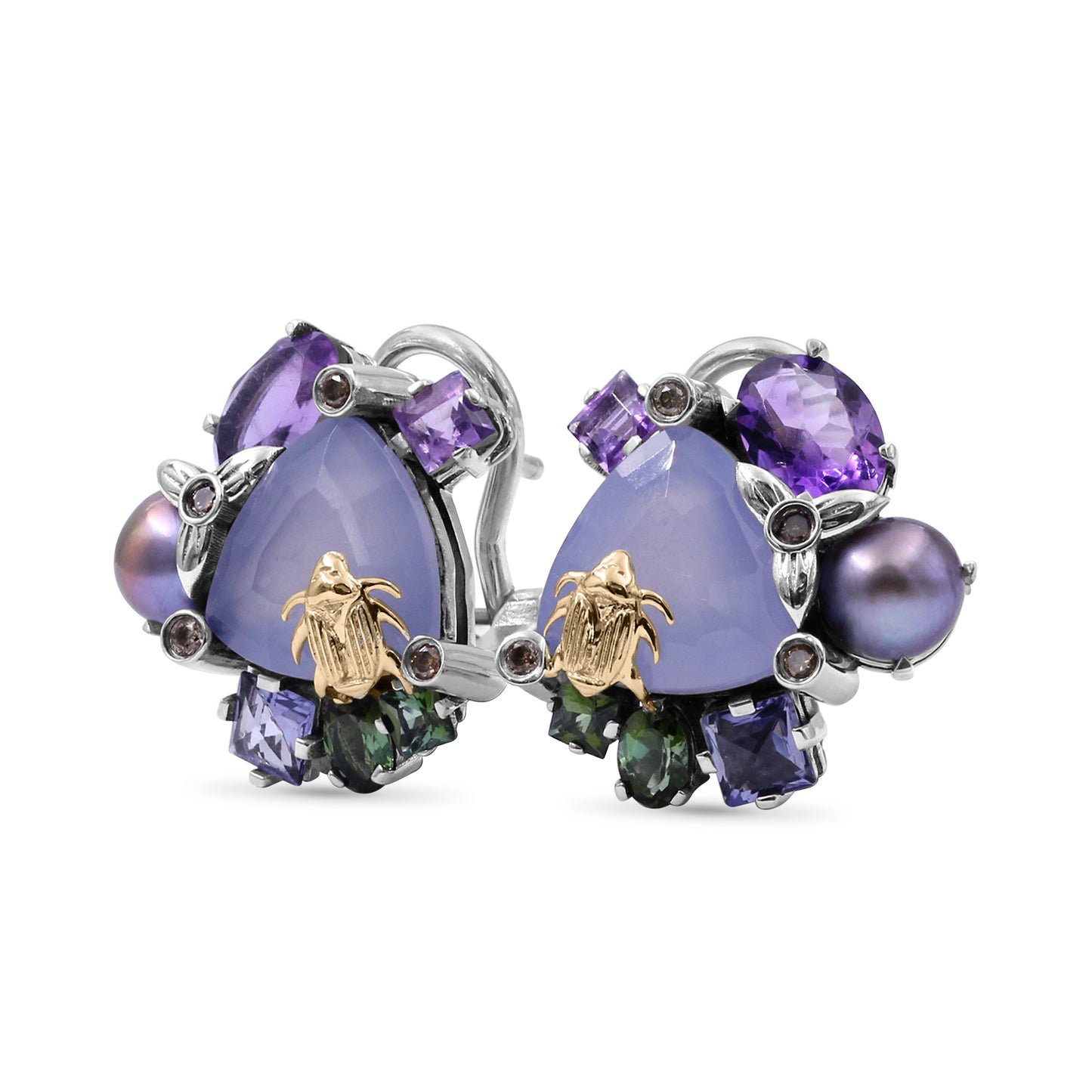 One of a Kind Green Tourmaline Amethyst Blue Sapphire Lavender Pearl Blue Chalcedony and Diamond 0.08ct Earring in Sterling Silver with 18K Gold