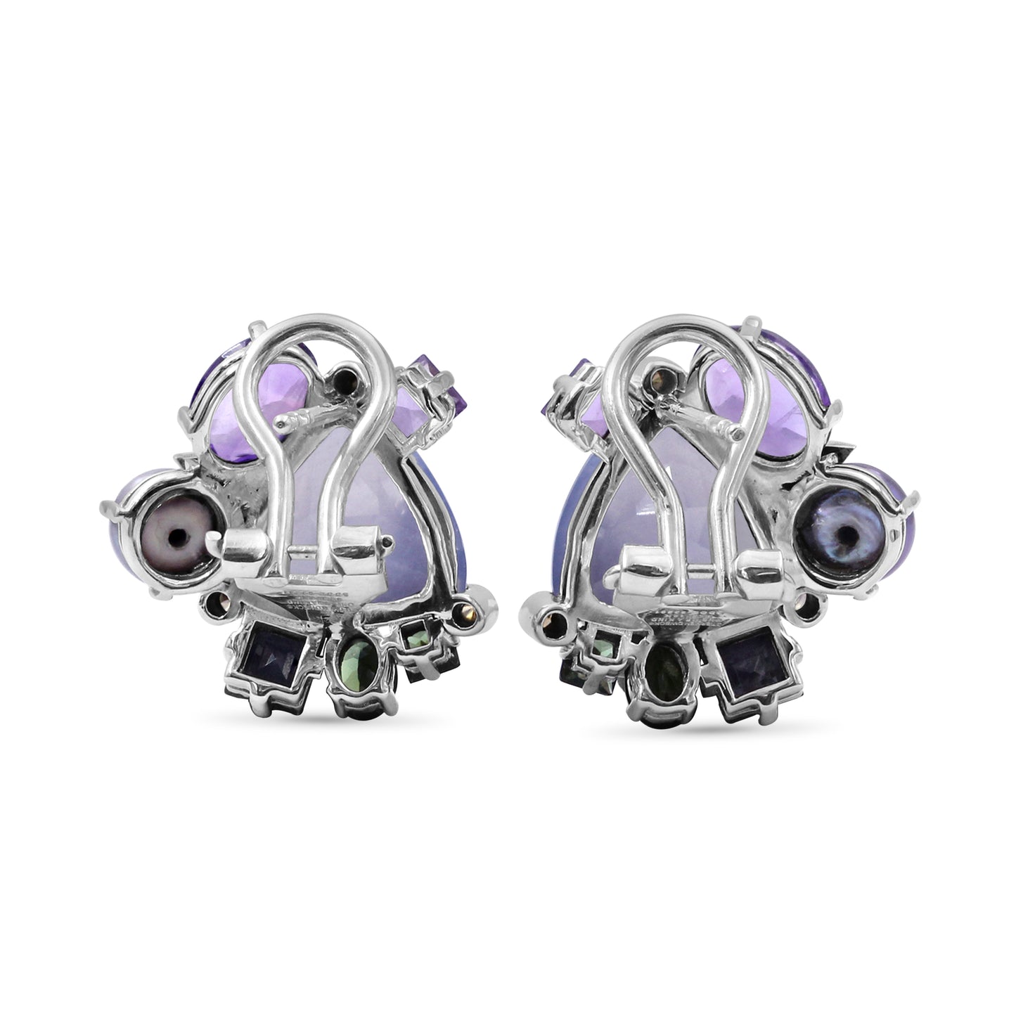 One of a Kind Green Tourmaline Amethyst Blue Sapphire Lavender Pearl Blue Chalcedony and Diamond 0.08ct Earring in Sterling Silver with 18K Gold