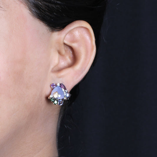 One of a Kind Green Tourmaline Amethyst Blue Sapphire Lavender Pearl Blue Chalcedony and Diamond 0.08ct Earring in Sterling Silver with 18K Gold