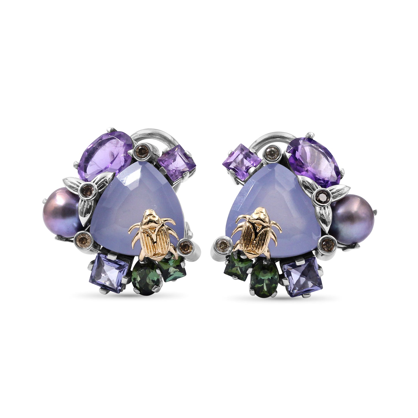 One of a Kind Green Tourmaline Amethyst Blue Sapphire Lavender Pearl Blue Chalcedony and Diamond 0.08ct Earring in Sterling Silver with 18K Gold