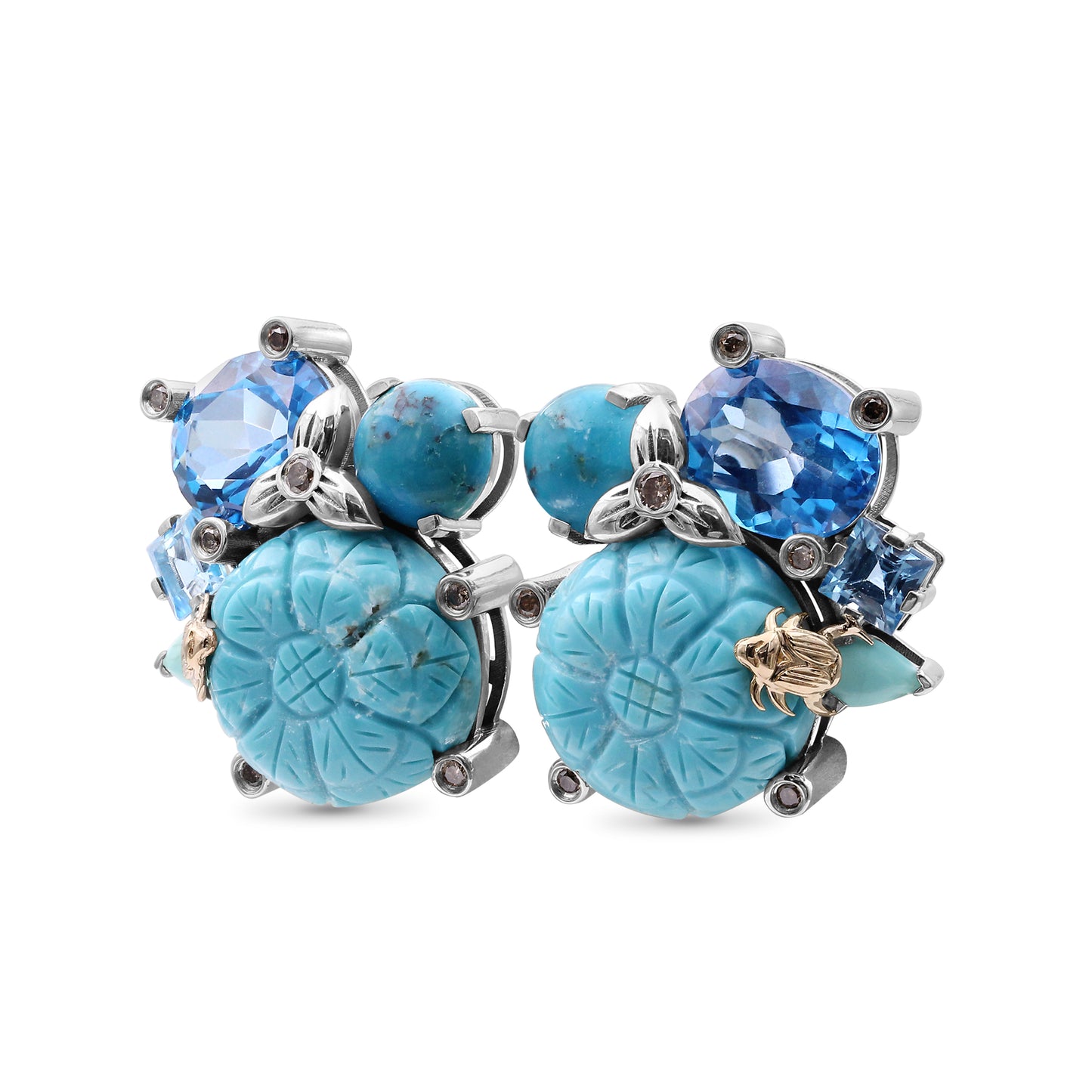 One of a Kind Blue Topaz Smooth Turquoise Hand Carved Turquoise Turquoise Swiss Blue Topaz and Diamond 0.18ct Earring in Sterling Silver with 18K Gold Adam