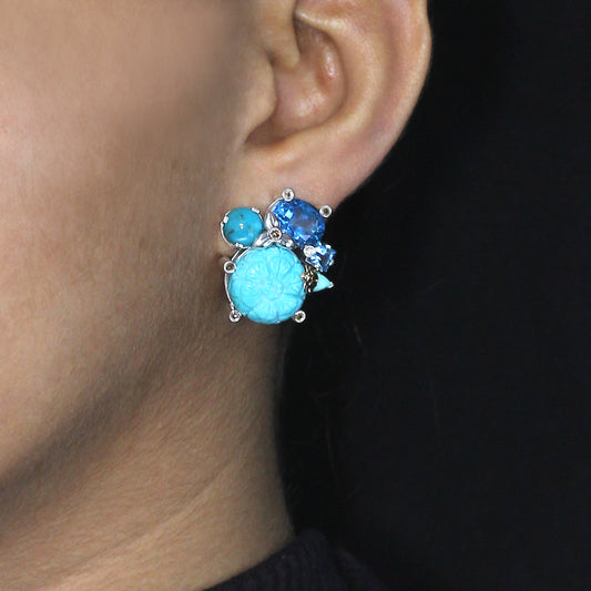 One of a Kind Blue Topaz Smooth Turquoise Hand Carved Turquoise Turquoise Swiss Blue Topaz and Diamond 0.18ct Earring in Sterling Silver with 18K Gold Adam