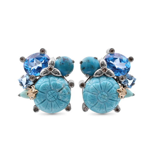 One of a Kind Blue Topaz Smooth Turquoise Hand Carved Turquoise Turquoise Swiss Blue Topaz and Diamond 0.18ct Earring in Sterling Silver with 18K Gold Adam