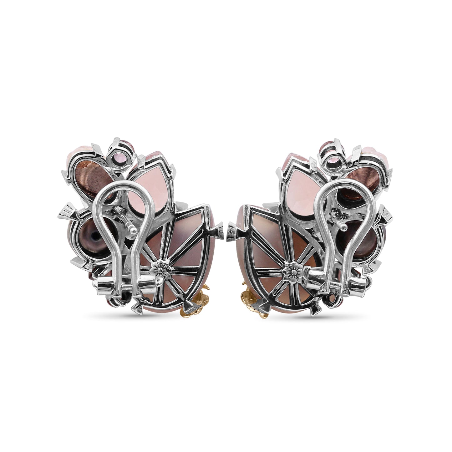 One of a Kind Pink Tourmaline Half Drill Pink Rose Pearl Hand Carve Natural Quartz Over Pink Plated Plaque Pink Chalcedony and Diamond 0.04ct Earring in Sterling Silver with 18K Gold Adam