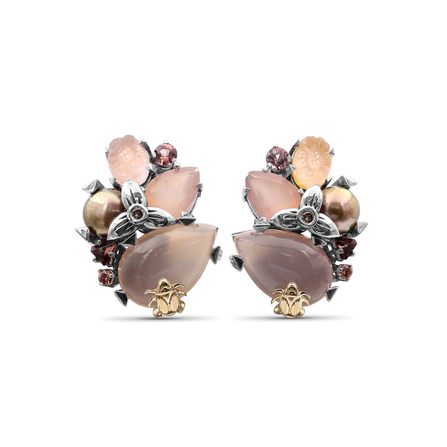 One of a Kind Pink Tourmaline Half Drill Pink Rose Pearl Hand Carve Natural Quartz Over Pink Plated Plaque Pink Chalcedony and Diamond 0.04ct Earring in Sterling Silver with 18K Gold Adam