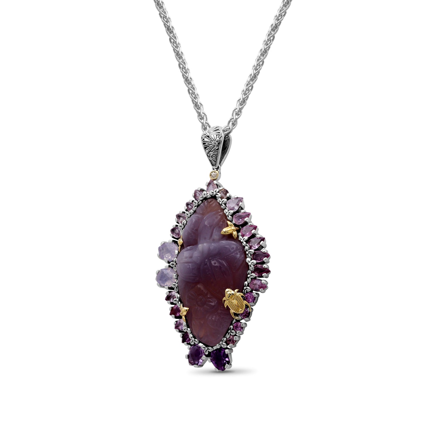 One of a Kind Hand Carved Yttrium Fluorite Pink Tourmaline Lavender Moon Quartz Amethyst Bloodstone Bead and Diamond Pendant in Sterling Silver with 18K Gold Flowers and Adam
