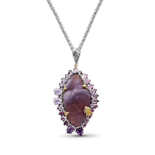 One of a Kind Hand Carved Yttrium Fluorite Pink Tourmaline Lavender Moon Quartz Amethyst Bloodstone Bead and Diamond Pendant in Sterling Silver with 18K Gold Flowers and Adam