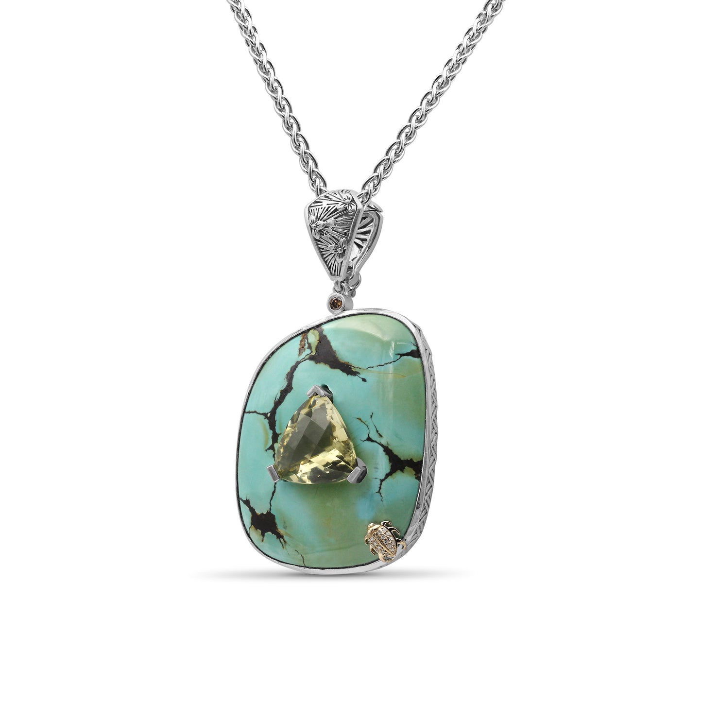 One of a Kind Smooth Turquoise Black Veins Facet Lemon Quartz and Diamond 0.16ct Pendant in Sterling Silver with 18K Gold Diamond Pave Adam