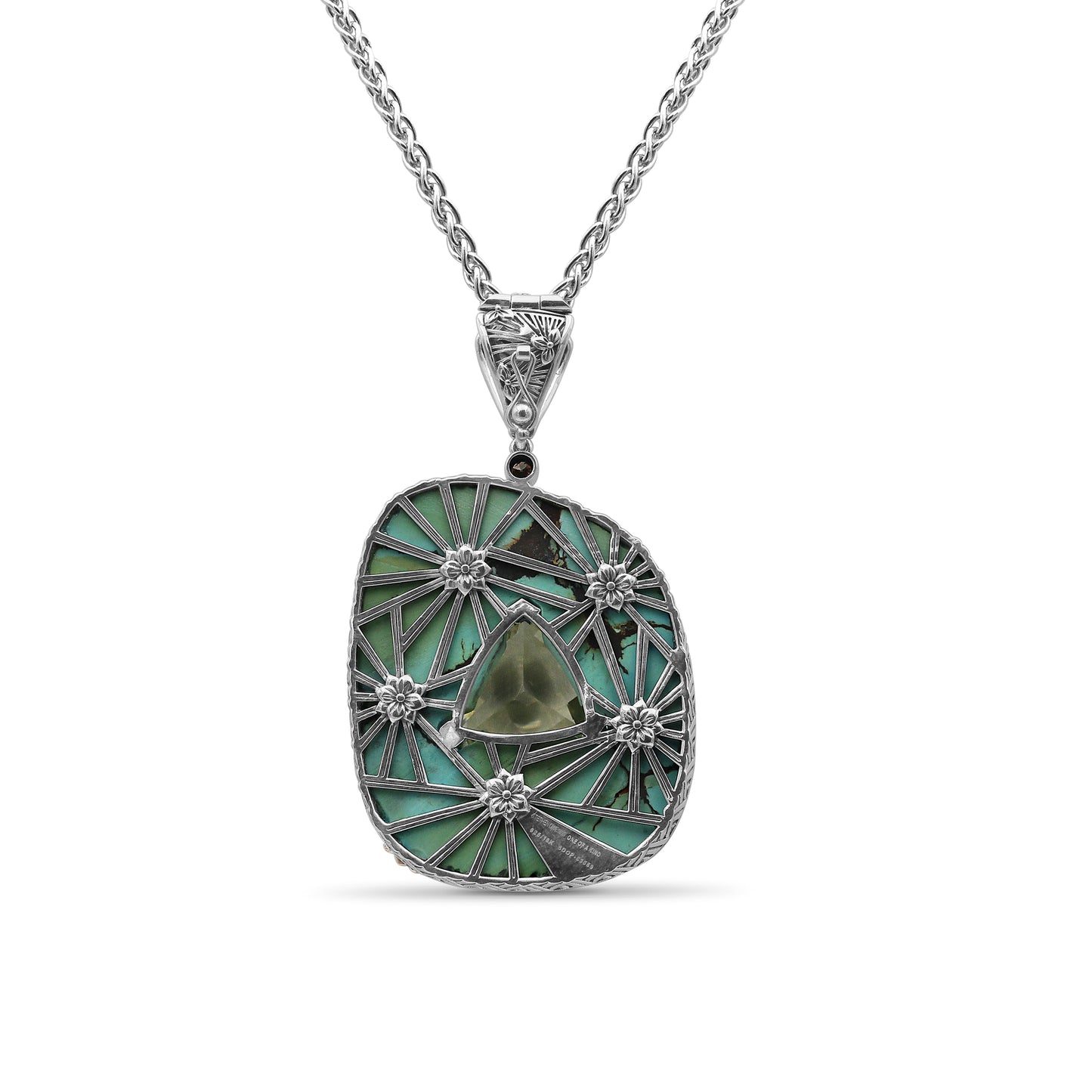 One of a Kind Smooth Turquoise Black Veins Facet Lemon Quartz and Diamond 0.16ct Pendant in Sterling Silver with 18K Gold Diamond Pave Adam