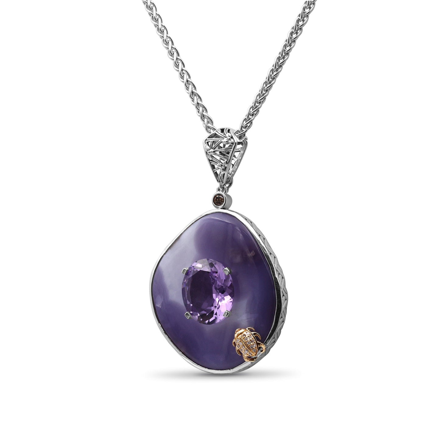 One of a Kind Smooth Laguna Agate Amethyst and Diamond 0.16ct Pendant in Sterling Silver with 18K Gold Diamond Pave Adam