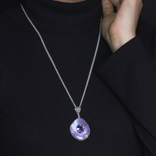 One of a Kind Smooth Laguna Agate Amethyst and Diamond 0.16ct Pendant in Sterling Silver with 18K Gold Diamond Pave Adam