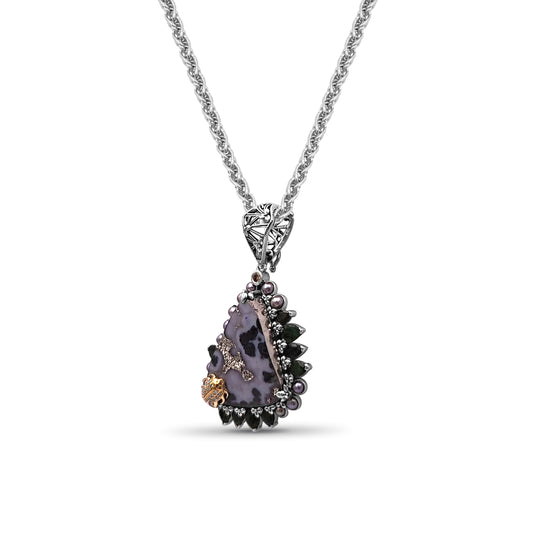 One of a Kind Drusy Emerald Small Seeds Silver Pearl and Diamonds 0.11ct Pendant in Sterling Silver with 18K Gold Adam