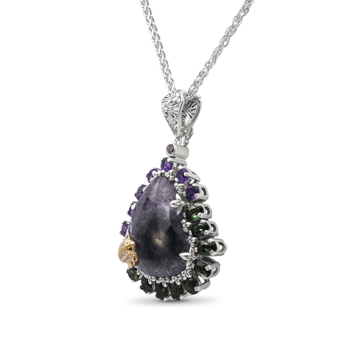 One of a Kind Amethyst Green Tourmaline Natural Quartz Facet Top over Stalactite Slice Doublet and Diamond 0.08ct Pendant in Sterling Silver with 18K Gold Diamond Pave Adam