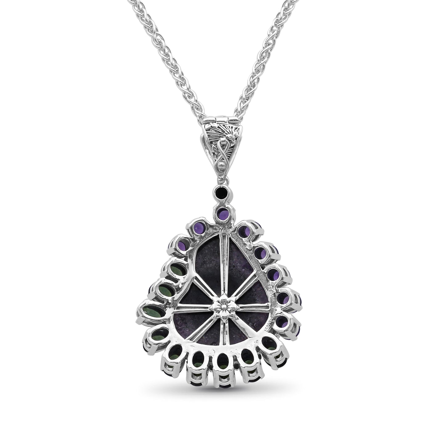One of a Kind Amethyst Green Tourmaline Natural Quartz Facet Top over Stalactite Slice Doublet and Diamond 0.08ct Pendant in Sterling Silver with 18K Gold Diamond Pave Adam