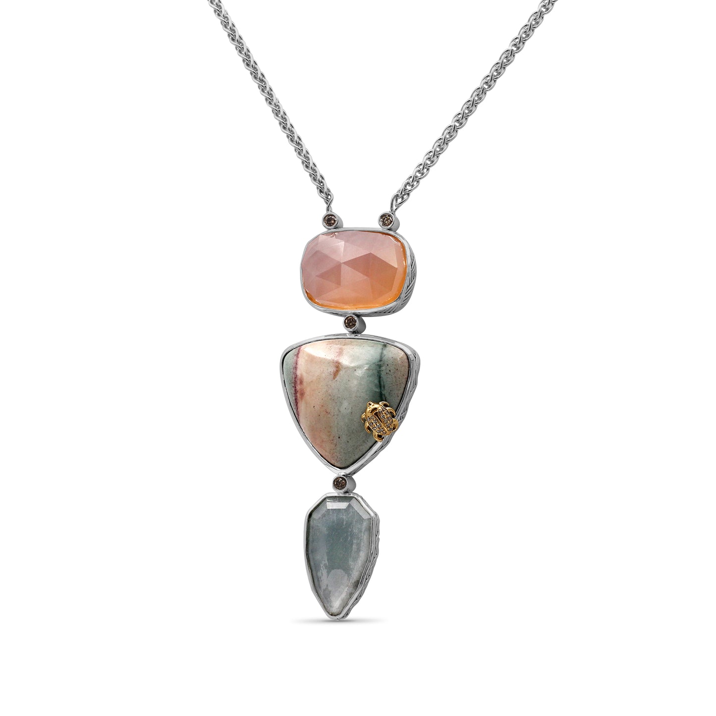 One of a Kind Smooth Sunset Jasper  Facet Top Flat Back Pink Chalcedony Facet Top Natural Quartz Top Over Green Agate and 0.28ct Diamond Pendant in Sterling Silver with 18K Gold Diamond Pave Adam